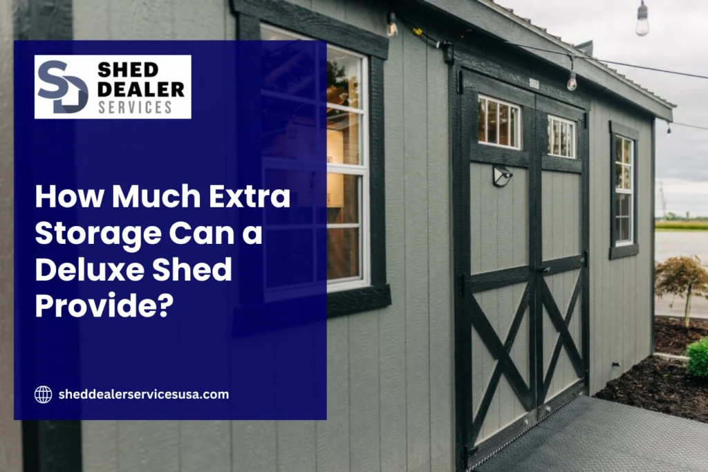 Deluxe shed in a backyard with clean architectural design, large windows, and stylish exterior, providing functional outdoor storage and workspace.